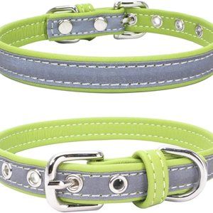 Microfiber Cat Dog Collar Reflective Green Adjustable for Male Female -XS